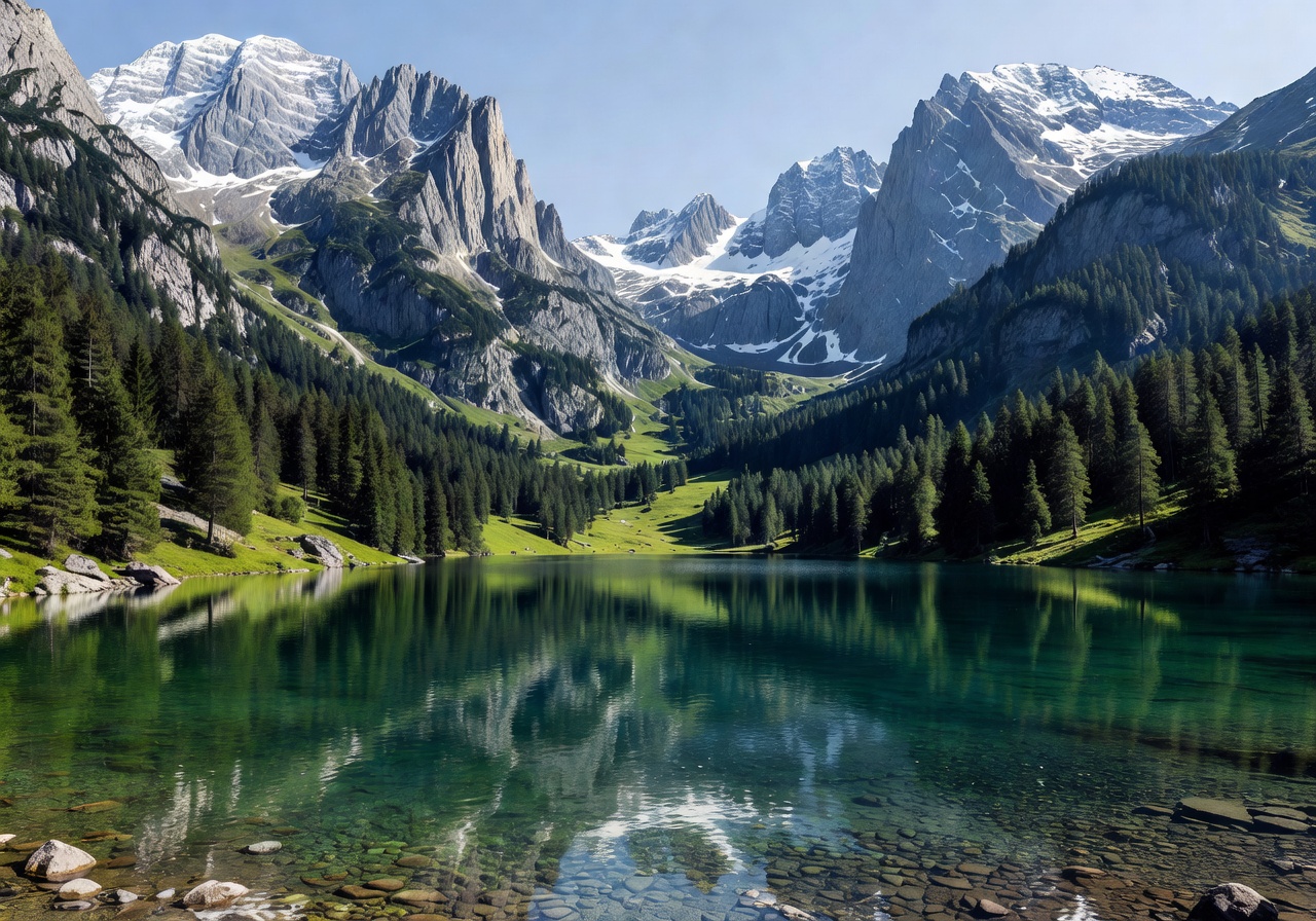 Pristine alpine lake surrounded by towering mountains in Bavaria
