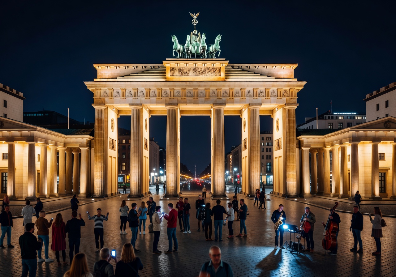 Illuminated Brandenburg Gate in Berlin at night showcasing city culture