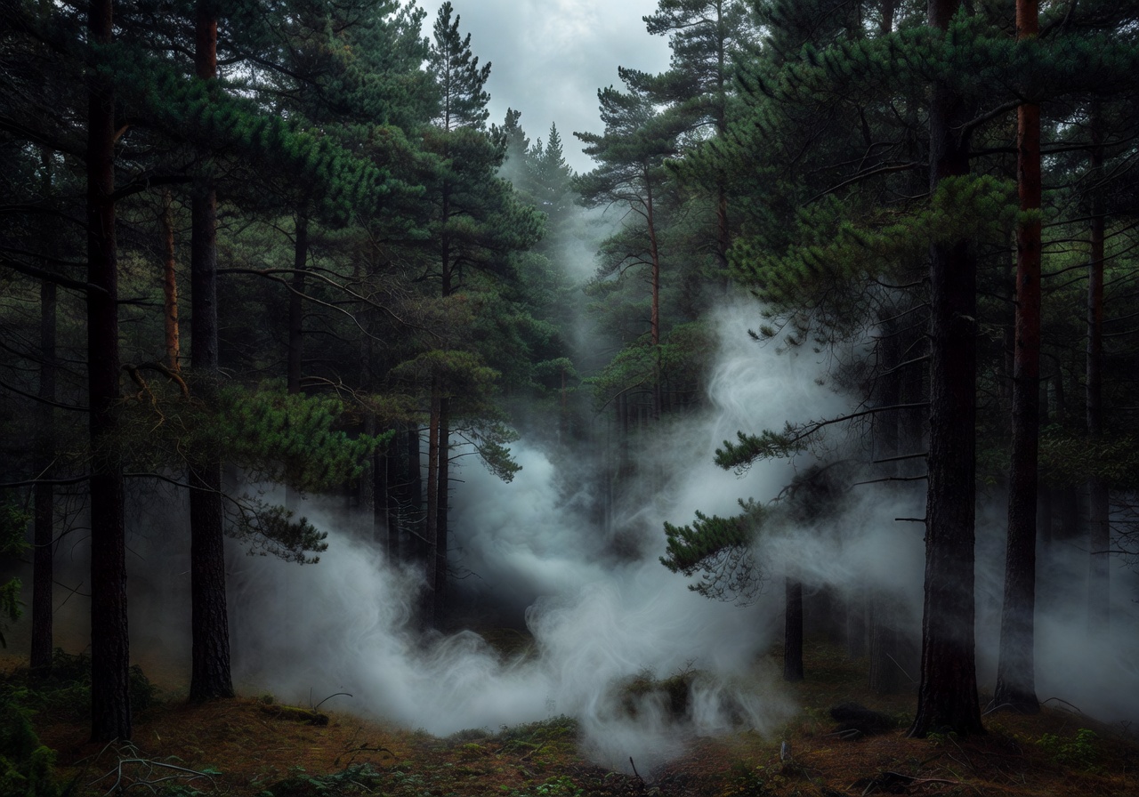 Mystical mist rolling over the dense pine trees of the Black Forest
