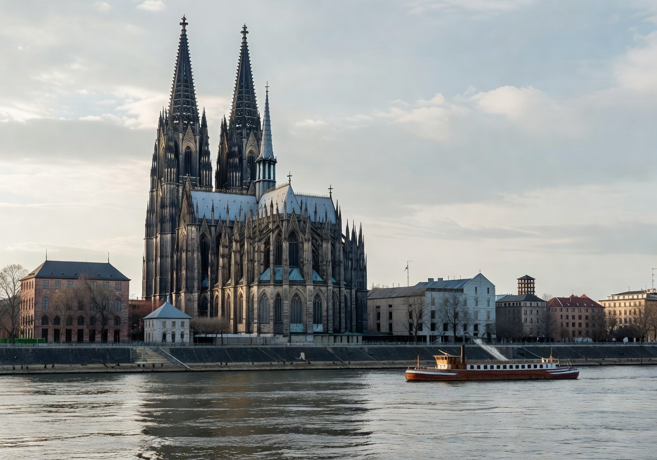 Majestic Cologne Cathedral standing tall next to the Rhine River