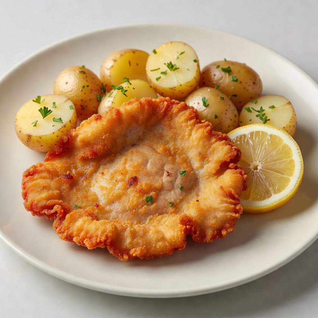 Crispy golden Schnitzel served with potatoes and a slice of lemon