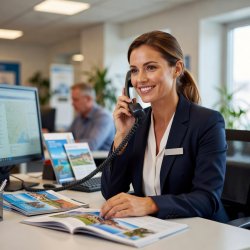 Friendly female travel agent smiling while assisting a customer on the phone