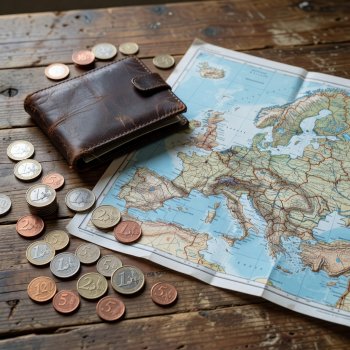 Euro coins and a leather wallet on a wooden table beside a travel map representing budget planning