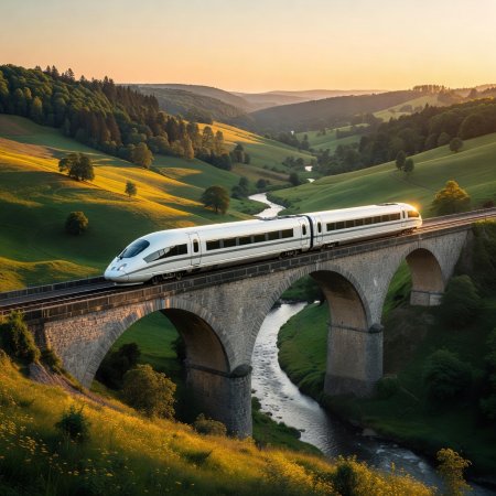 Sleek white German ICE high-speed train crossing a bridge over a scenic countryside valley