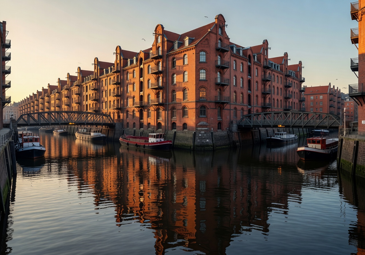 Historic red brick warehouse district Speicherstadt in Hamburg harbor