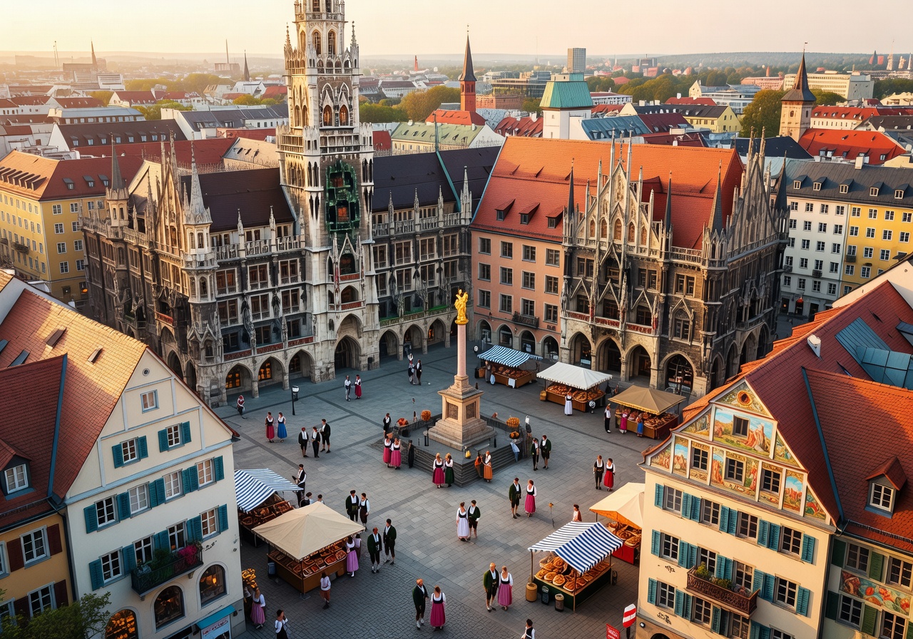 Aerial view of Marienplatz in Munich representing Bavarian vibes