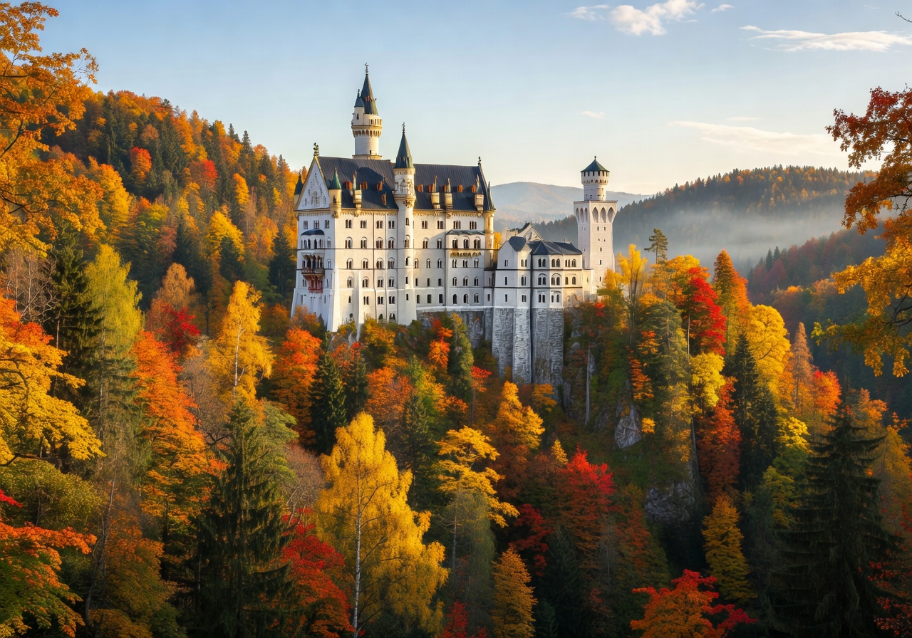 Neuschwanstein Castle surrounded by vibrant autumn forest colors