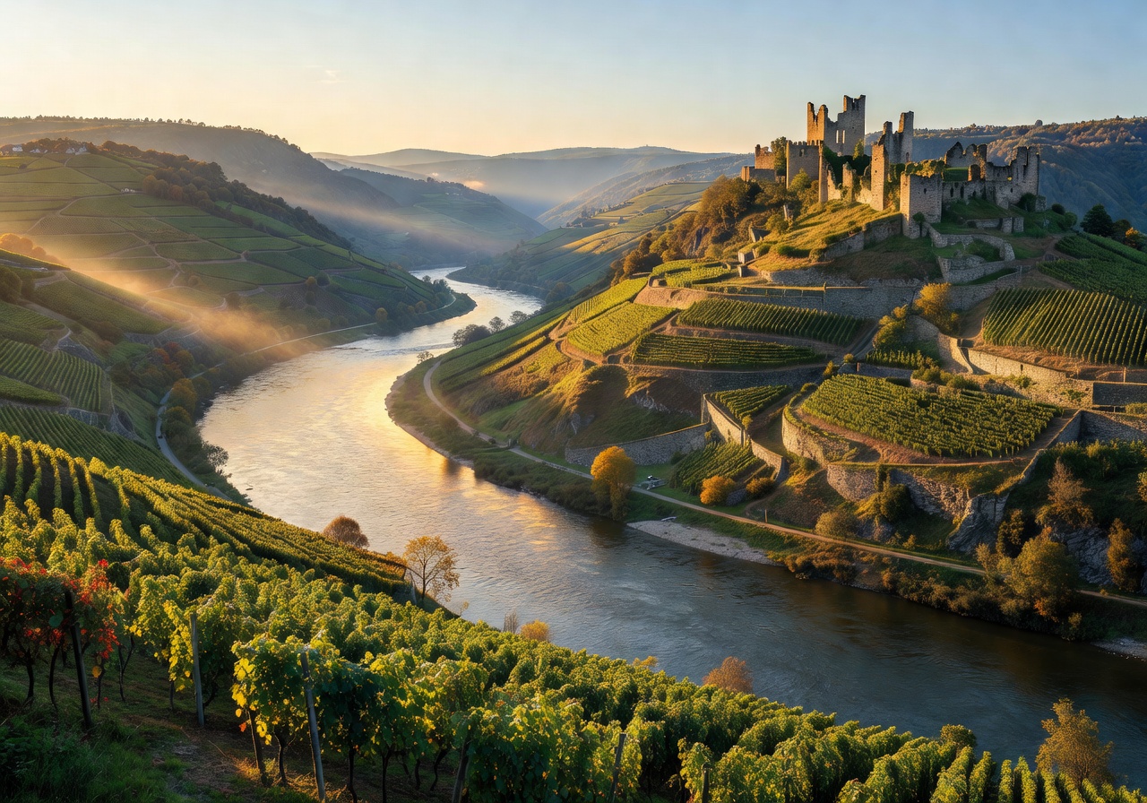Scenic bend in the Rhine River valley featuring vineyards and ancient ruins