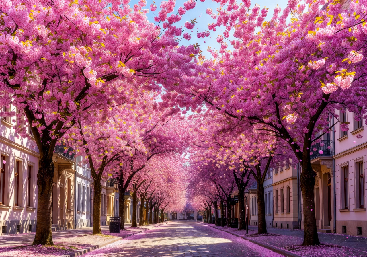Vibrant pink cherry blossoms lining a beautiful street in Bonn during spring