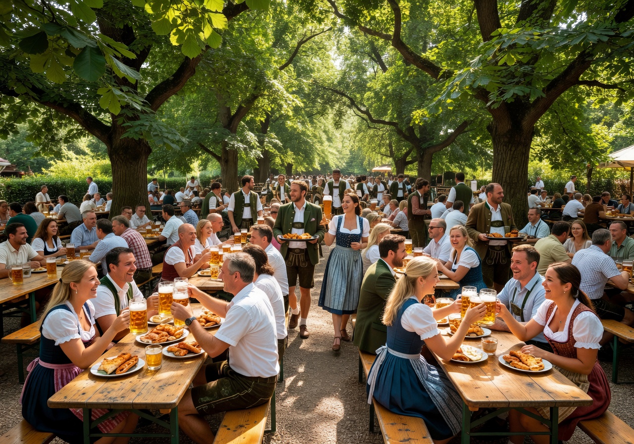 Lively outdoor beer garden in Munich filled with people enjoying summer sunshine