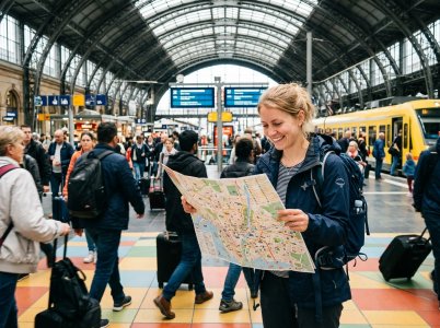 A tourist happily reading a map while standing in the bustling Munich train station