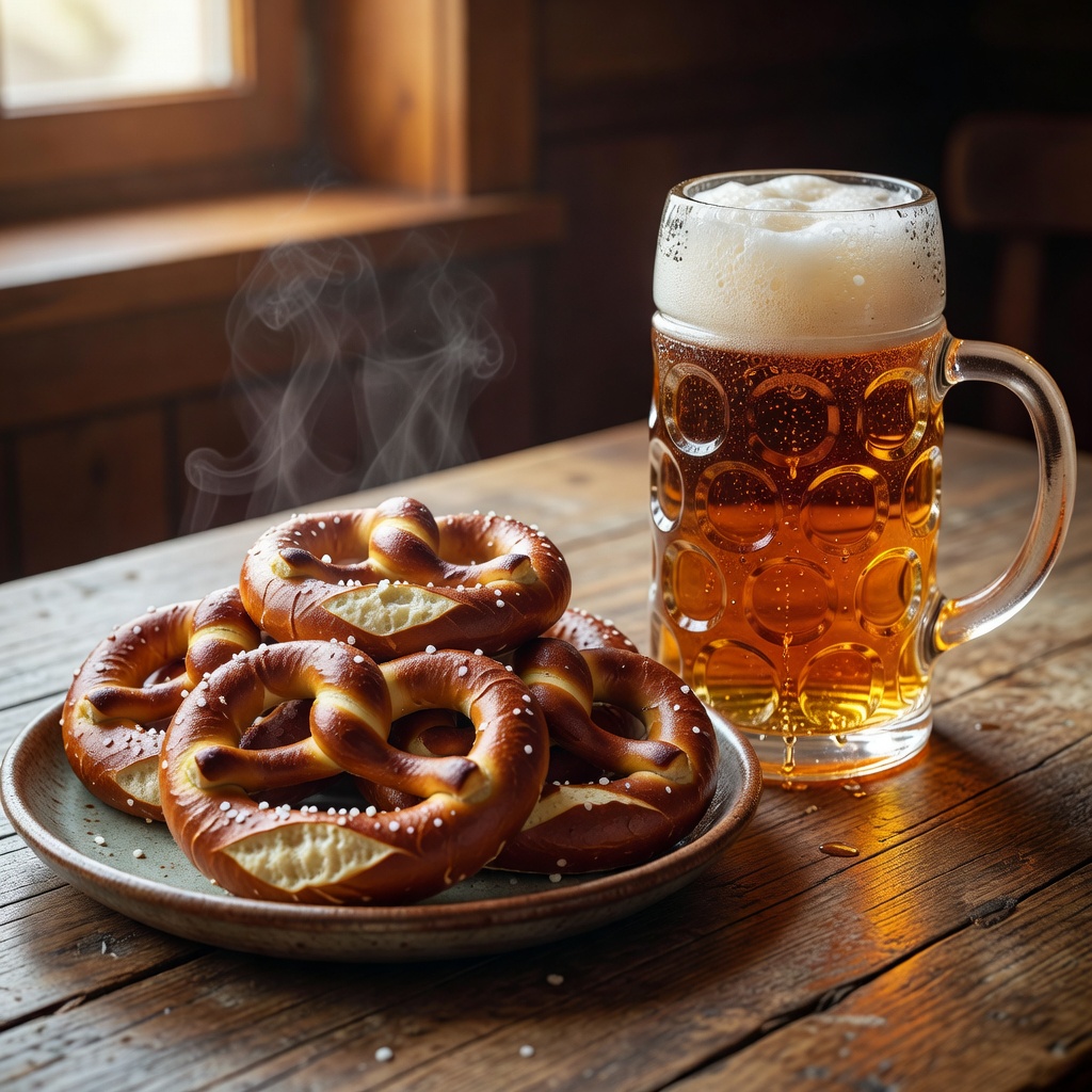 Traditional German pretzels served next to a large glass stein of beer