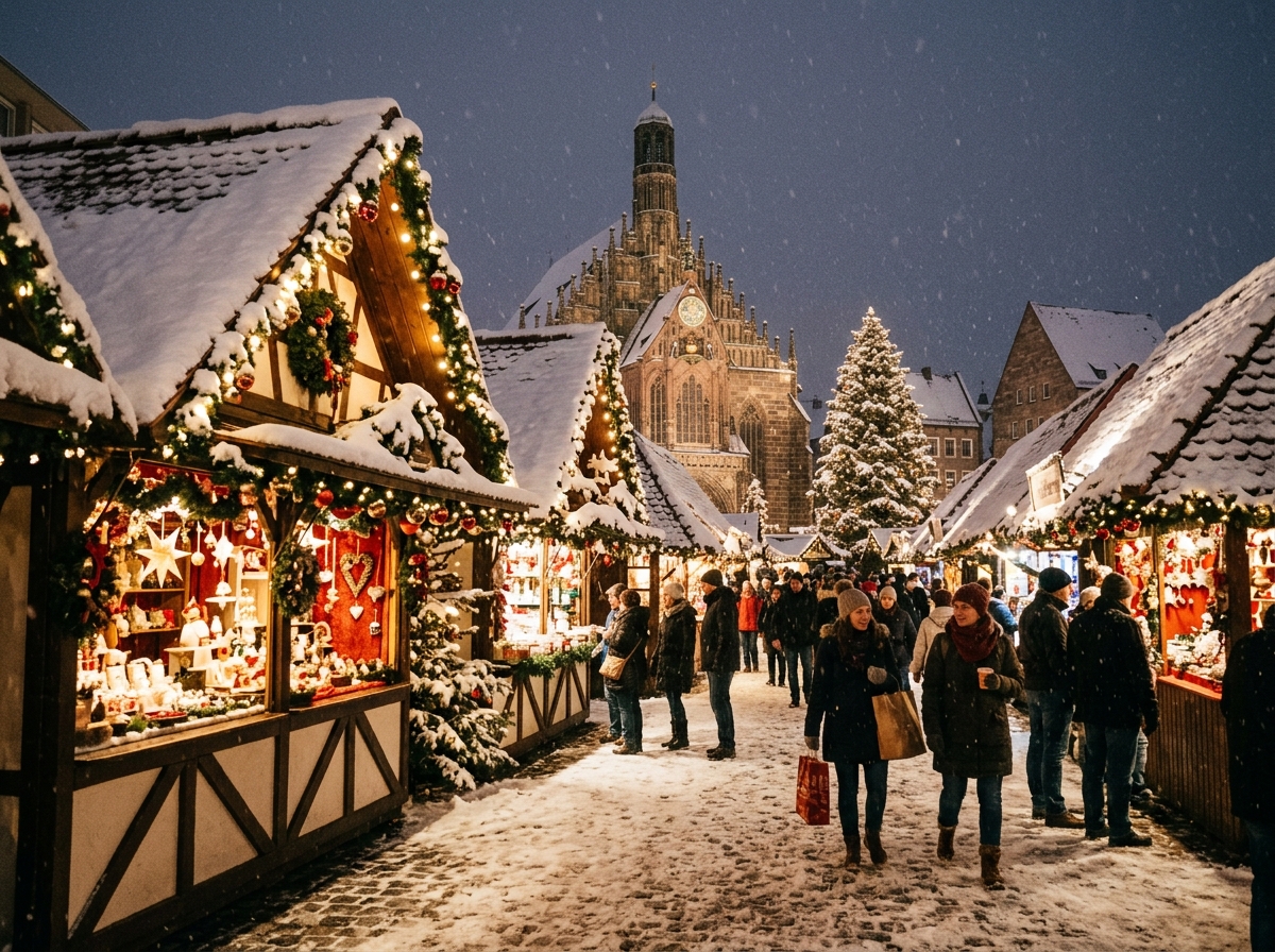 Festive wooden stalls covered in snow at the Nuremberg Christmas market